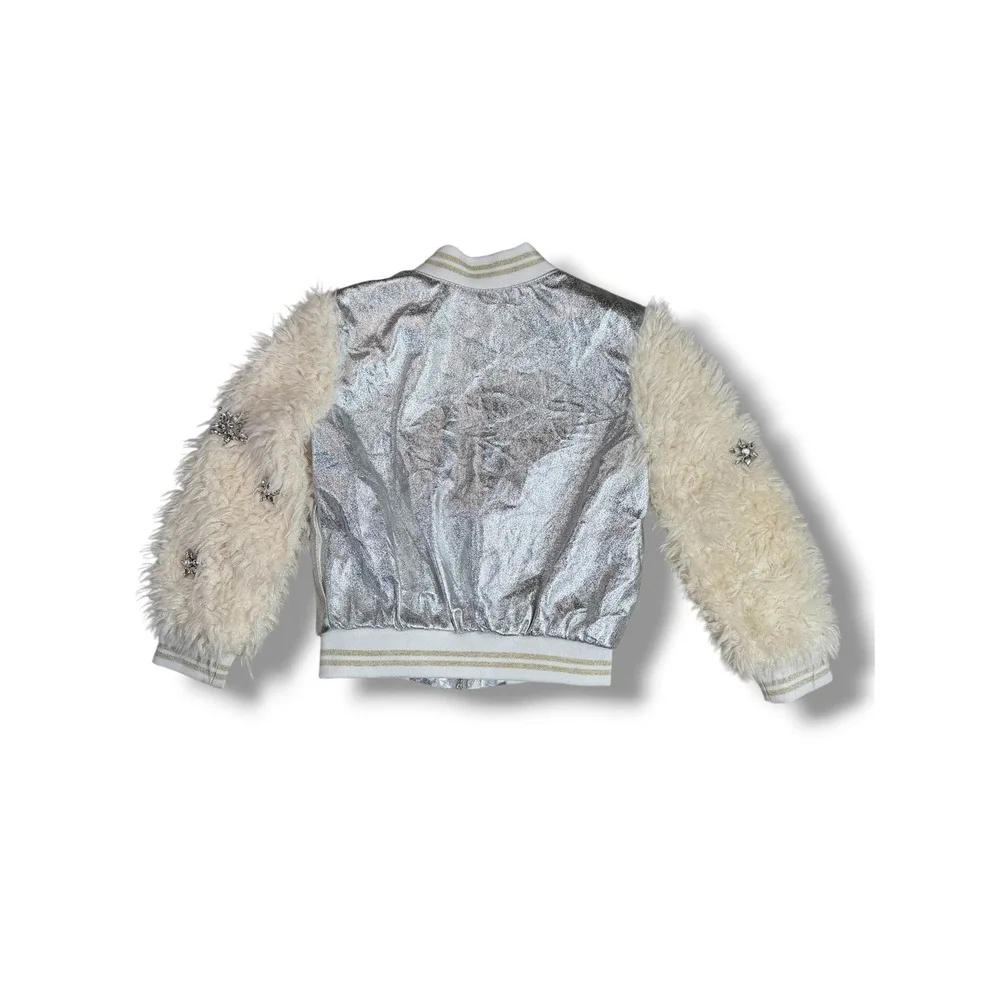 Hannah Banana Girls 5 Silver Metallic Faux Fur Bomber Jacket Rhinestone Festive
